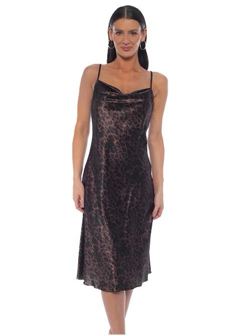 Bebe Leopard Animal Print Cowl Neck Satin Slip Midi Dress Size Large NWT